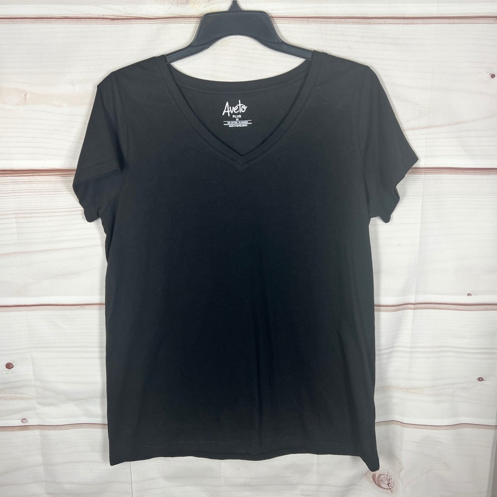 Aveto V-Neck T-Shirt Womens 2X Black Solid Short Sleeve Cotton Blend Basic Top